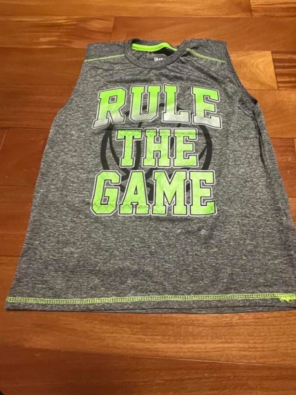 Kids Sleeveless Athletic Top - Grey with Neon Green "Rule The Game"